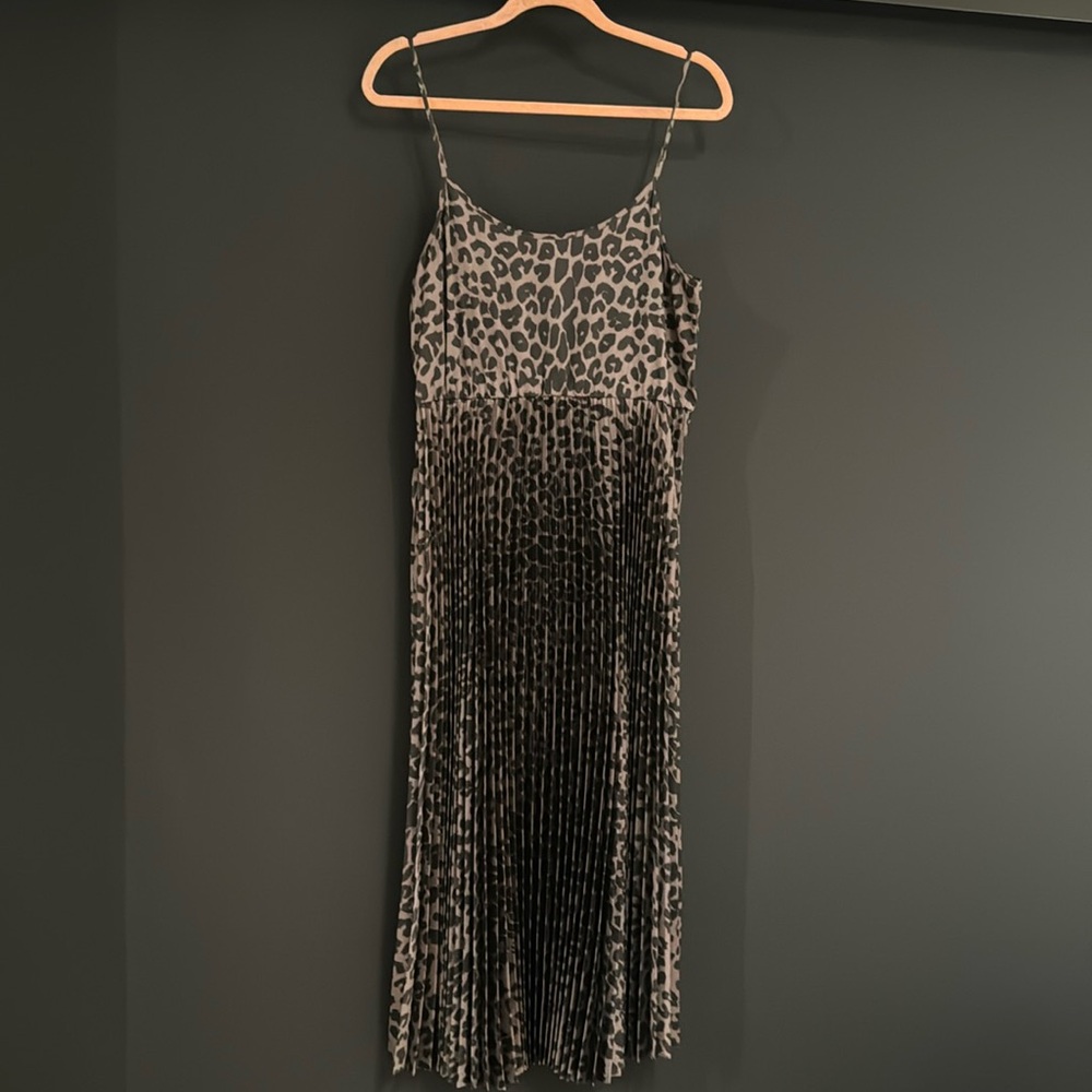 All Saints pleated slip dress. Cheetah print. Grey/ black. Worn1x